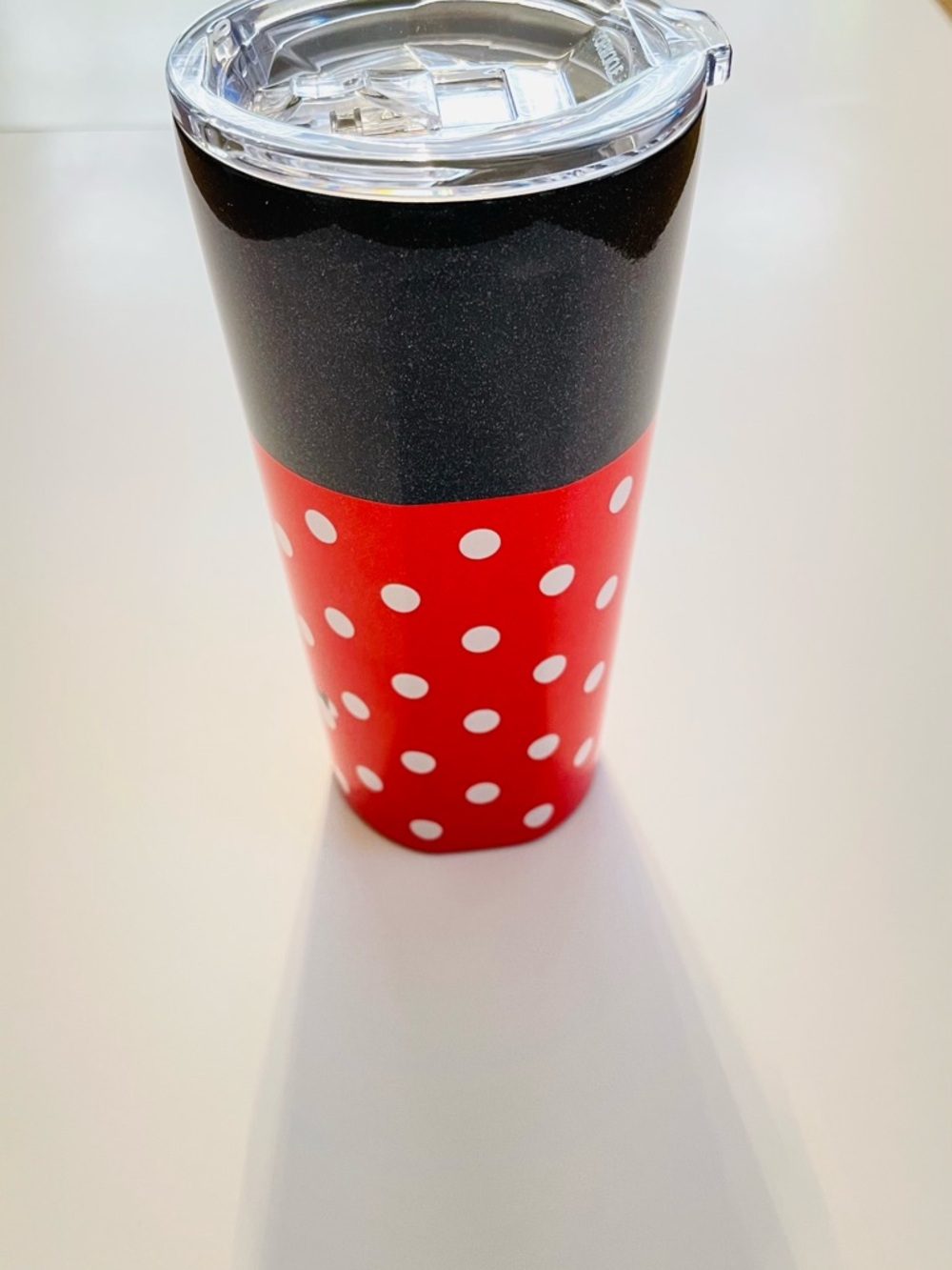 Disney, Red Polka Dot Travel 16oz hot/cold Tumbler with Black Sparkle Top